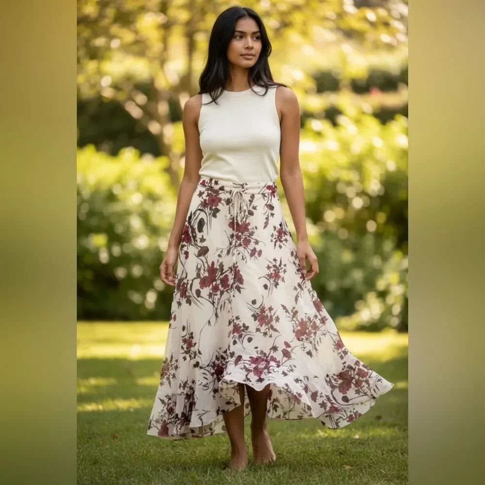 Ramona La Rue by Arianne Cream Floral Print Chiffon Maxi Skirt M/L